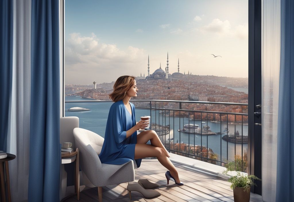 Moderne Frau genießt Morgenkaffee auf Balkon mit atemberaubendem Blick auf Istanbuls Skyline, symbolisiert Vorteile des Wohnungseigentums in der Türkei