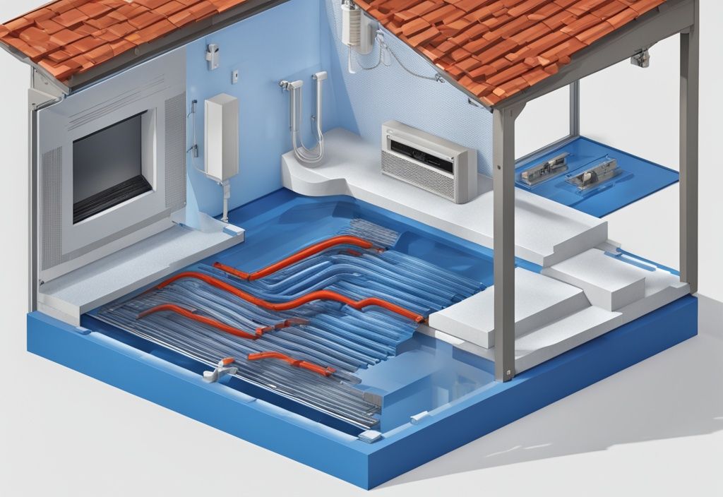 Moderne fotorealistische Illustration eines 50 mm hohen Fußbodenheizungssystems mit Preisschildern an den Komponenten, Kosten für Fußbodenheizung mit Aufbauhöhe 50 mm.