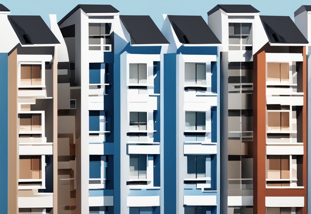 Moderne fotorealistische Illustration mit blauer Farbgebung, gestaffelte Häuser repräsentieren verschiedene Immobilien, daneben Balkendiagramme mit Steuerprozentsätzen.