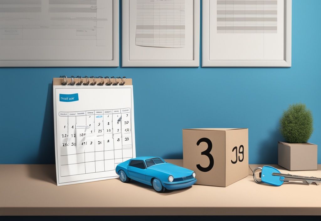 Moderne fotorealistische Illustration mit blauem Farbschema, Kalender an der Wand mit markiertem Enddatum für einen Mietvertrag, teilweise gepackter Karton und Wohnungsschlüssel auf einem Tisch, Kündigungsfrist für Wohnungen.