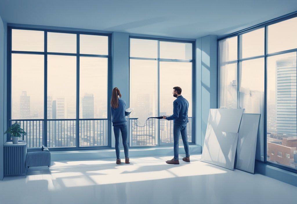 Junges Paar prüft Mietvertrag in einer unmöblierten Wohnung mit kritischem Blick auf Details wie Fenster, Wände und Steckdosen, moderne fotorealistische Illustration, Hauptfarbthema Blau.