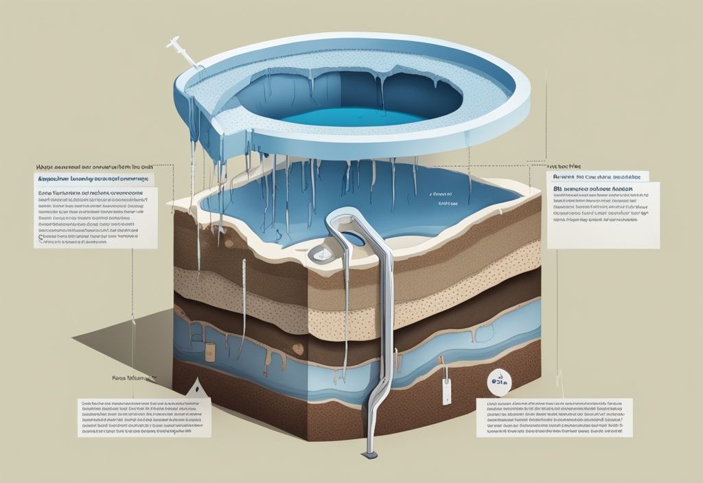 Moderne fotorealistische Illustration eines Querschnitts einer Klärgrube mit blauer Farbgebung, die verschiedene Schichten und Komponenten erklärt.