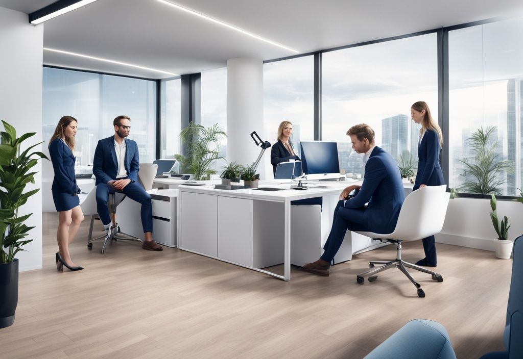 Modernes fotorealistisches Bild eines selbstbewussten, professionellen Teams im stilvollen Büro mit dem Logo von Königskinder Immobilien im Hintergrund, das die Menschen hinter dem Unternehmen symbolisiert.