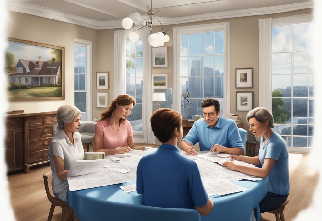 Moderne fotorealistische Illustration einer Familie, die mit einem Immobilienmakler am Tisch sitzt und Papiere zur Haus überschreiben und Geschwister nicht auszahlen bespricht.