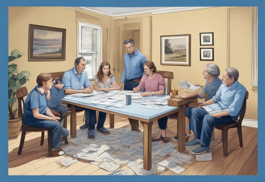 Moderne fotorealistische Illustration einer Familie am Tisch, die Hausurkunden und Finanzdokumente bespricht, um den Hausbesitz zu übertragen und Zahlungen zu regeln, Hauptfarbthema Blau.