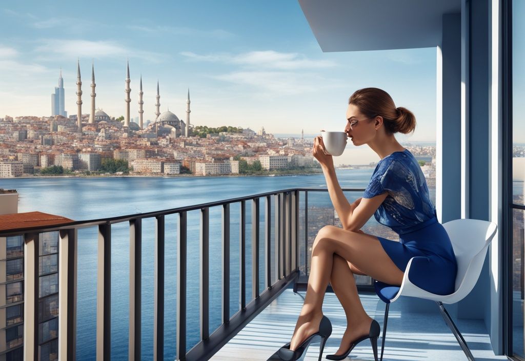 Moderne Frau genießt Morgenkaffee auf Balkon mit atemberaubendem Blick auf Istanbuls Skyline, symbolisiert Vorteile des Immobilienbesitzes in der Türkei