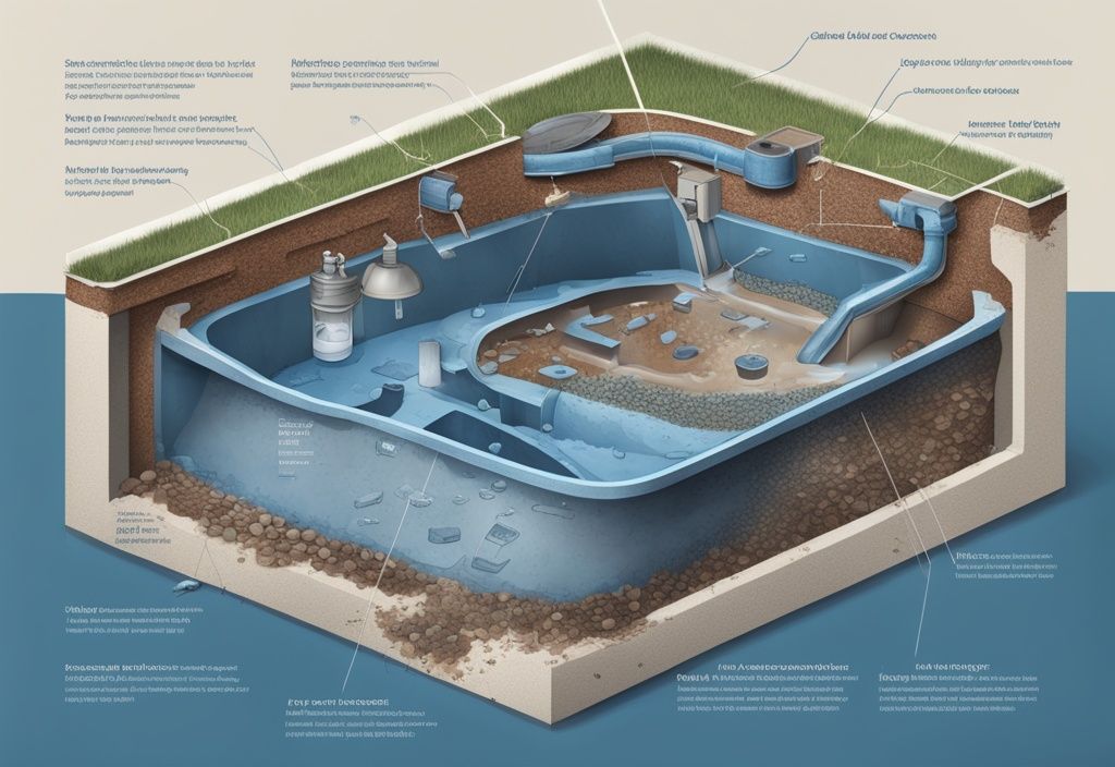 Moderne fotorealistische Illustration einer traditionellen Sickergrube mit sichtbaren Abfallschichten und Beschriftungen zur Erklärung ihrer Funktion und Struktur, Hauptfarbthema Blau, was ist eine Sickergrube