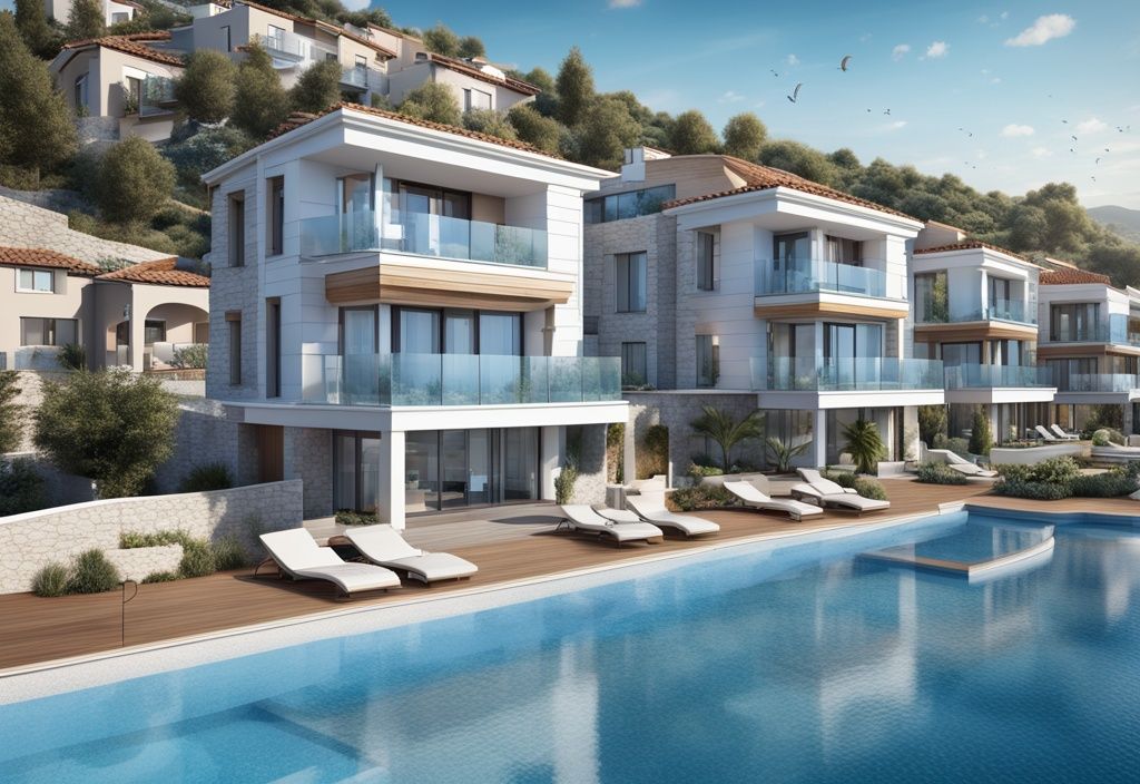 Moderne fotorealistische Illustration luxuriöser Villen und moderner Apartments mit Blick auf die türkische Küste, die zeigt, warum es sich lohnt, in der Türkei Immobilien zu kaufen.