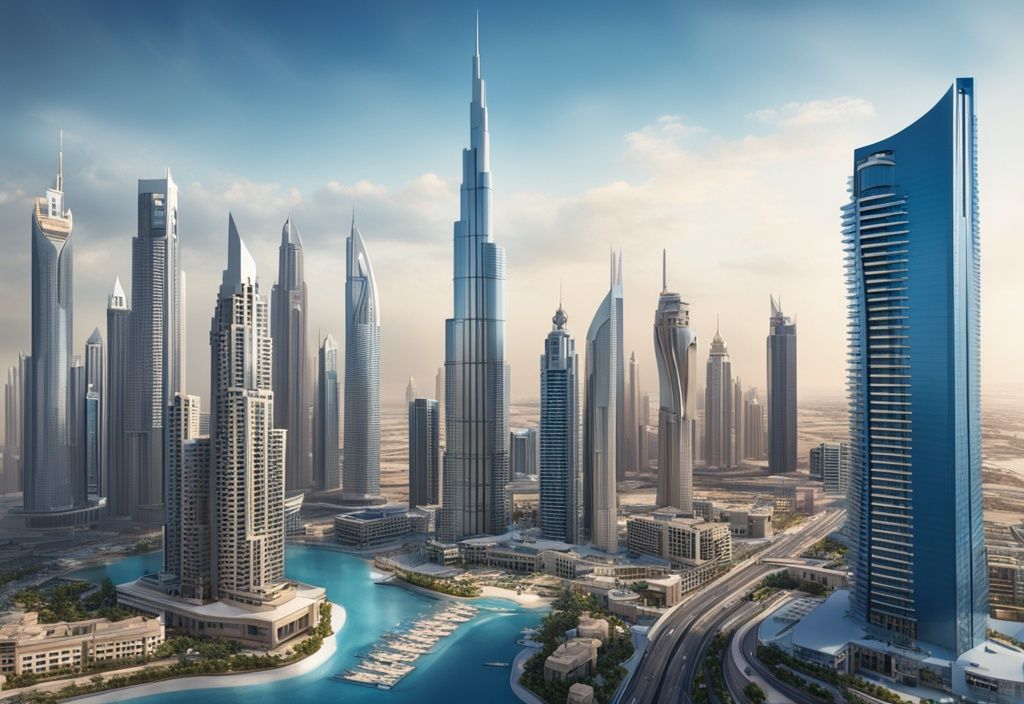 Skyline von Dubai mit modernen Wolkenkratzern, luxuriösen Villen und modernen Eigentumswohnungen, Hauptfarbthema Blau