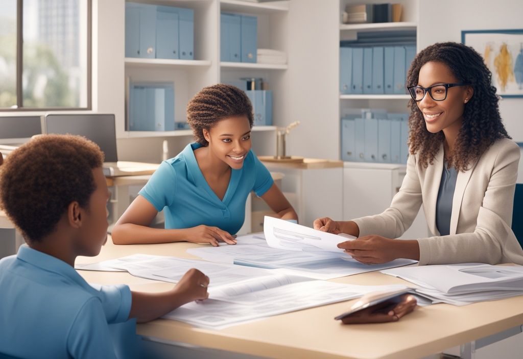 Eine moderne fotorealistische Illustration zeigt eine junge Familie, die in einem hellen und komfortablen Büro mit einem vertrauenswürdigen, professionell aussehenden Kreditberater über Unterlagen spricht. Hauptfarbthema ist Blau. was ist ein Hypokredit