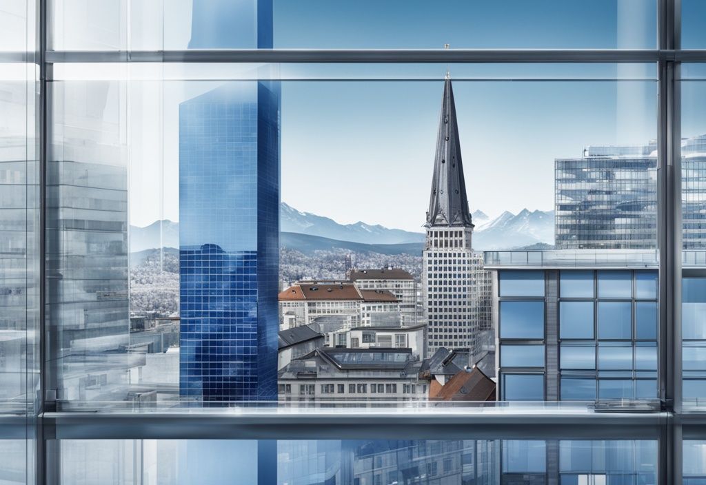 Moderne fotorealistische Illustration eines stattlichen Schweizer Bankgebäudes mit der Skyline deutscher Immobilien, reflektiert in den Glasfenstern, welche Schweizer Bank finanziert Immobilien in Deutschland.