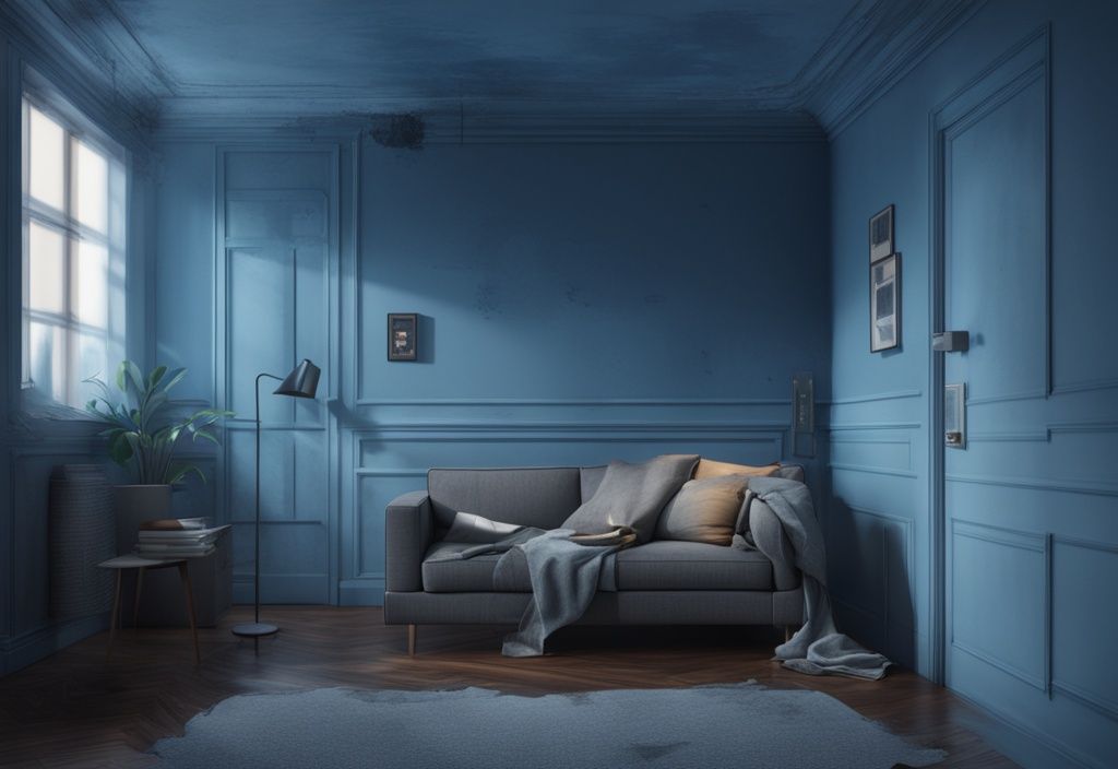 Modernes fotorealistisches Bild eines feuchten Wohnungswinkels mit dunklen Schimmelstellen an blauer Wand und Decke.