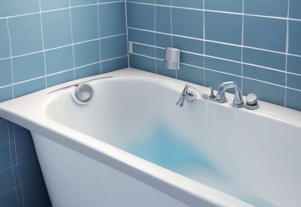 Erneuerte Silikonfugen um die Badewanne nach professioneller Reparatur, modern und sauber, blaues Farbschema