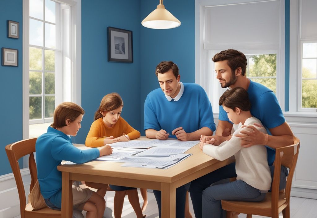 Moderne fotorealistische Illustration einer Familie, die am Tisch sitzt und Hausurkunden sowie Finanzunterlagen bespricht, um den Hausbesitz zu übertragen und Zahlungen zu regeln, Hauptfarbthema Blau.