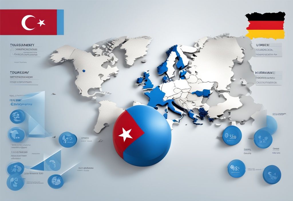 3D-Infografik zu türkischen Krediten in Deutschland, Euro-Symbole, türkische Flagge, geografische Umrisse von Deutschland, blaue Farbthematik