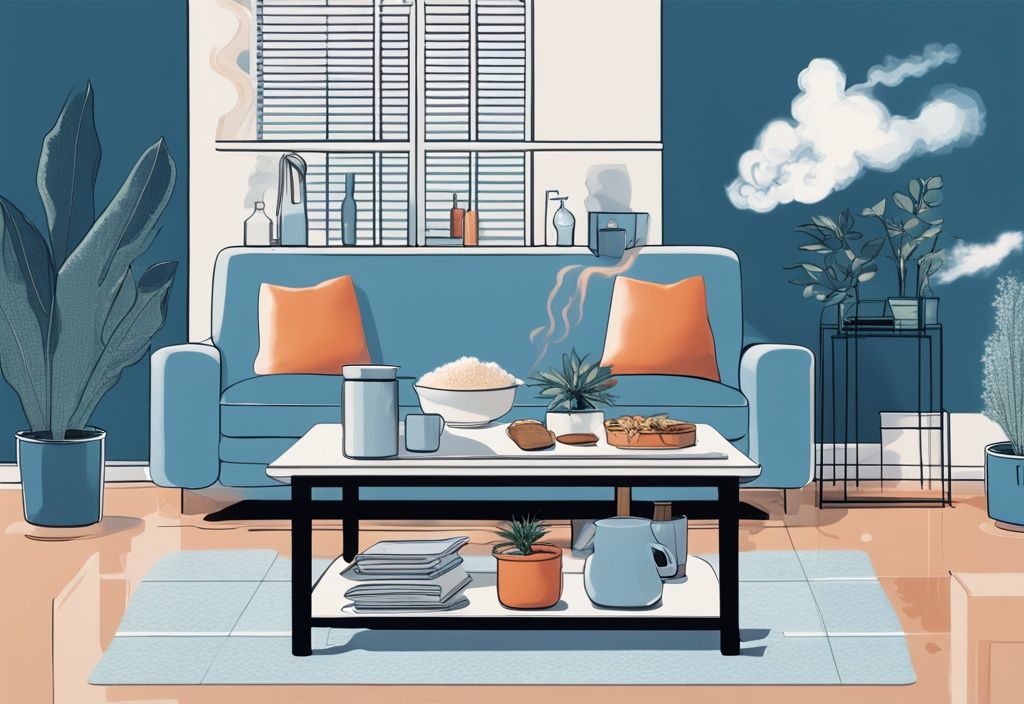 Moderne fotorealistische Illustration in Blau mit natürlichen Mitteln wie Backpulver, Essig und Zimmerpflanzen auf einem stilvollen Couchtisch in einer modernen, gut beleuchteten Wohnung, überlagert von einer Rauchwolke, die sich auflöst, um die Entfernung von Zigarettengeruch zu symbolisieren. Keyword: was hilft gegen Zigarettengeruch in der Wohnung.