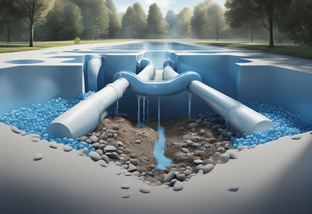 Moderne fotorealistische Illustration einer Sickergrube in altem Haus, die den natürlichen Filtrations- und Entwässerungsprozess von Wasser in den Boden zeigt, Hauptfarbe Blau.