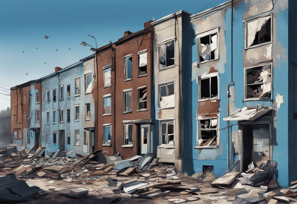 Moderne fotorealistische Illustration, die den Kontrast zwischen einem blühenden Immobilienmarkt vor dem Krieg und einem verwüsteten, verlassenen Immobilienmarkt nach dem Krieg zeigt, was passiert mit Immobilien im Kriegsfall.