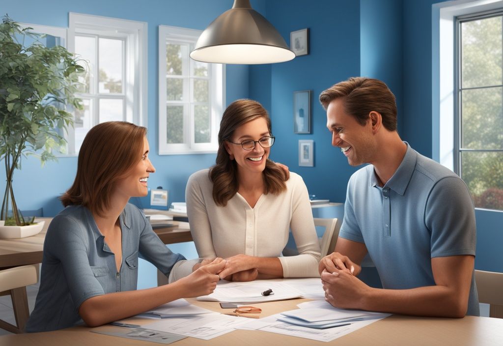 Moderne fotorealistische Illustration einer Familie, die mit einem freundlichen Bankvertreter am Esstisch über Finanzen und Hypothekenunterlagen spricht, Hauptfarbthema Blau.