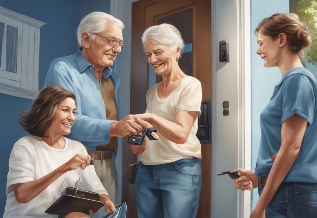 Älteres Paar übergibt Hausschlüssel an jüngere Frau, während zwei weitere jüngere Personen zusehen, moderne fotorealistische Illustration in Blau.