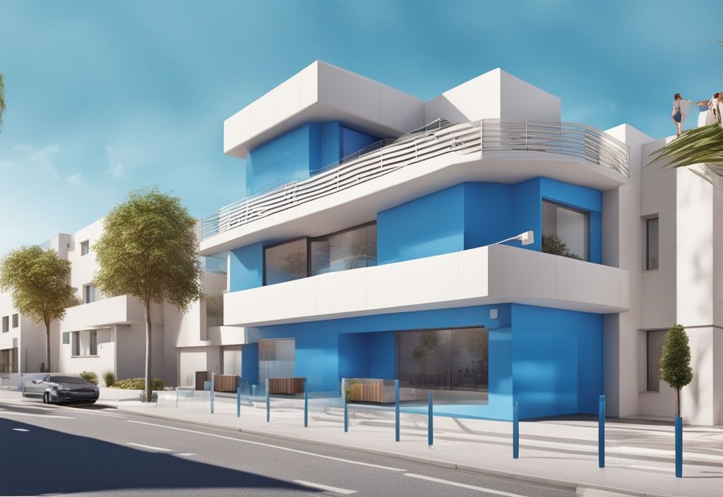 Fotorealistische Illustration einer modernen deutschen Bankfiliale mit Blick auf schöne spanische Immobilien im Hintergrund, Hauptfarbthema Blau.