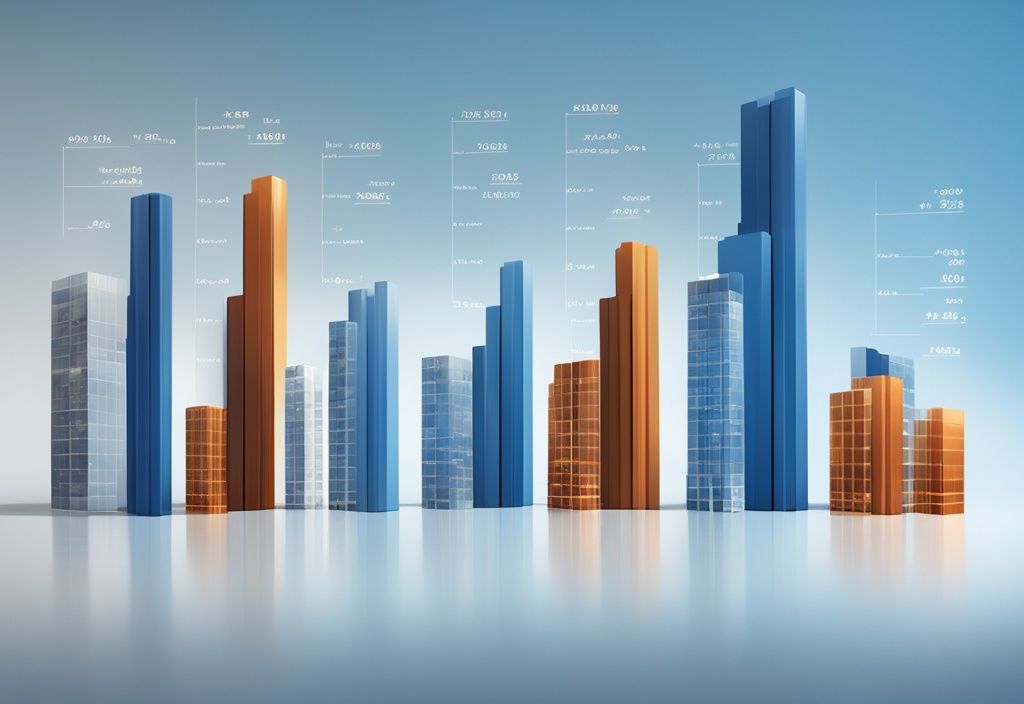 Moderne fotorealistische Illustration eines Balkendiagramms mit blauem Farbschema, das verschiedene Steuerarten zeigt, wobei die Spekulationssteuer auf Immobilien deutlich höher ist.