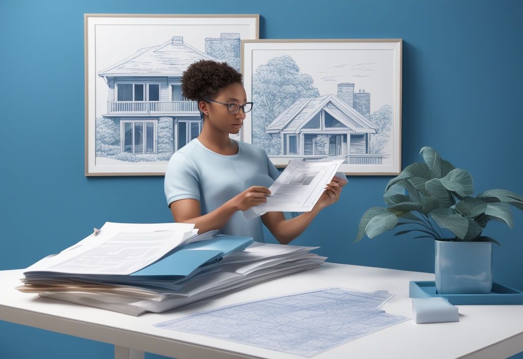 Moderne fotorealistische Illustration einer Person, die Immobilienmaterialien studiert, mit einem "Lizenz"-Dokument und einem Hausmodell auf dem Tisch, Hauptfarbthema Blau.