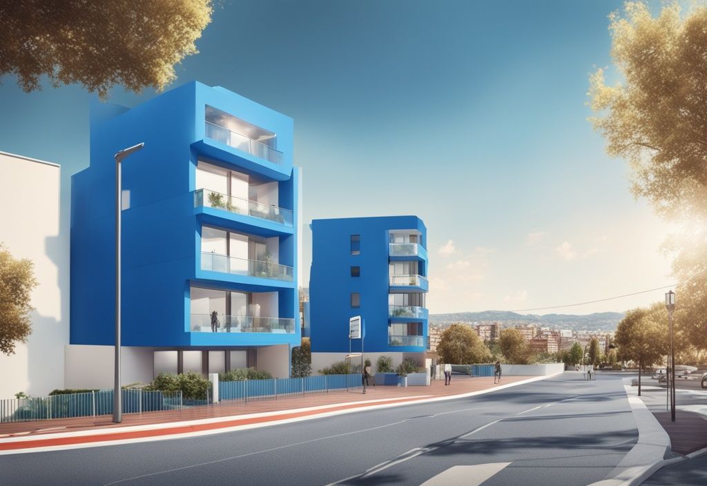 Modernes fotorealistisches Bild einer deutschen Bankfiliale mit Blick auf schöne spanische Immobilien im Hintergrund, Hauptfarbe Blau.