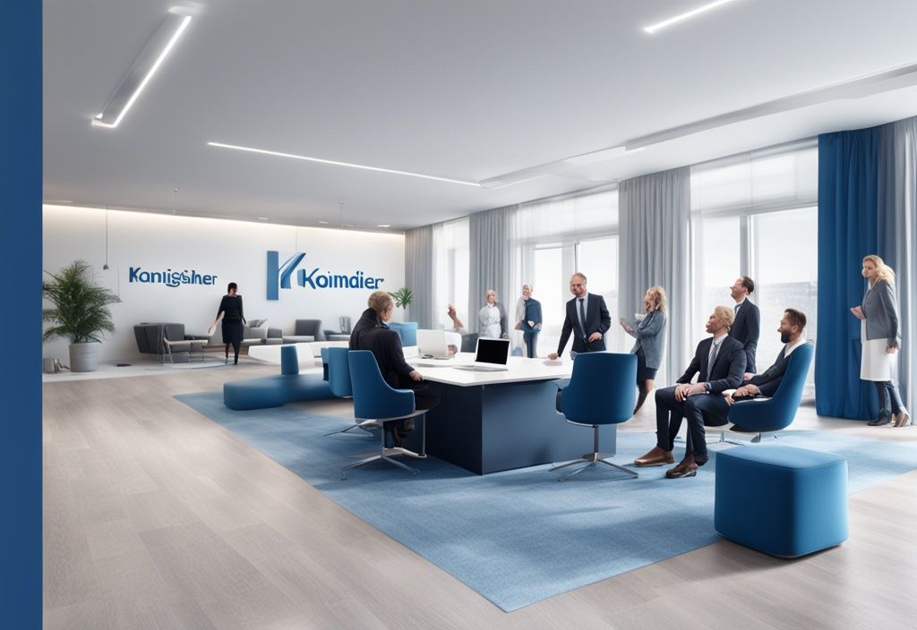 Eine Gruppe professioneller Individuen, die in einem modernen, luxuriösen Büro lächeln, mit dem Logo von Königskinder Immobilien überlagert - wer steckt hinter Königskinder Immobilien.