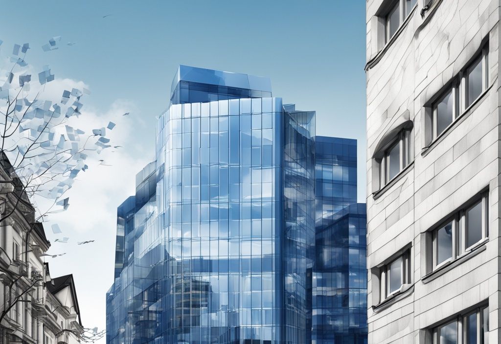 Moderne fotorealistische Illustration einer stattlichen Schweizer Bank mit blauem Farbschema, in deren Glasfenstern sich die Skyline deutscher Immobilien spiegelt, welche Schweizer Bank finanziert Immobilien in Deutschland.