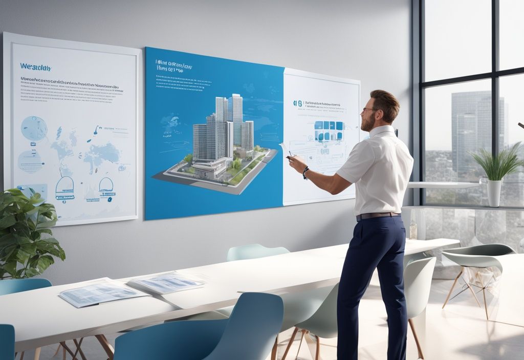 Modernes fotorealistisches Bild eines professionellen Immobilienmaklers, der die Bedeutung von WEG mit visuellen Hilfsmitteln, Infografiken und Texten vor einem Immobilienhintergrund erklärt, Hauptfarbthema blau