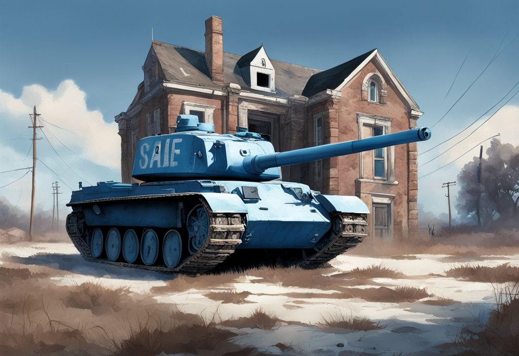 Abgebildet ist eine moderne fotorealistische Illustration eines verlassenen, kriegszerstörten Herrenhauses mit einem "Zu Verkaufen"-Schild und einem bedrohlich im Hintergrund stehenden Militärpanzer, mit Blau als dominierender Farbthematik.