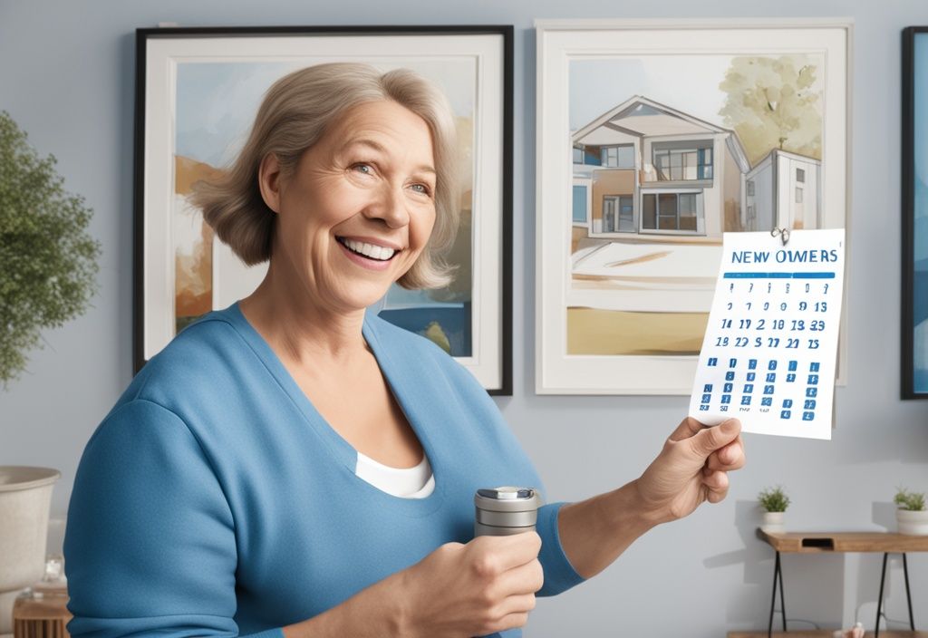 Moderne fotorealistische Illustration mit blauem Farbthema, Kalender zeigt drei hervorgehobene Monate, glücklicher Hausbesitzer hält Schlüssel, neue Wohnung im Hintergrund.