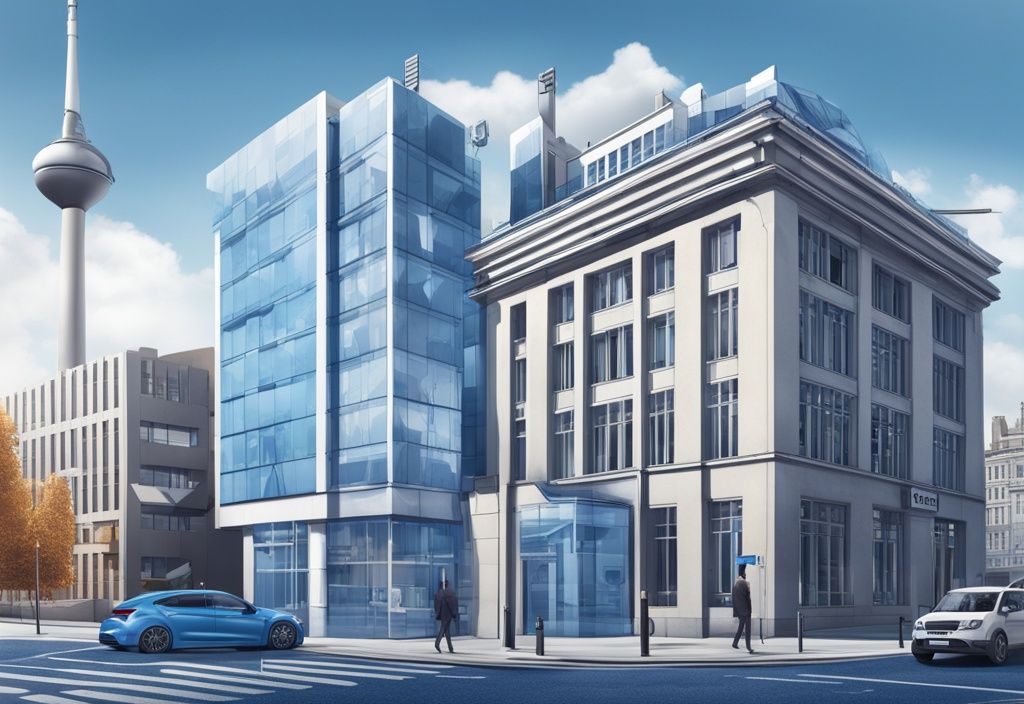 Moderne fotorealistische Illustration einer deutschen Bank im Hintergrund mit Grafiken verschiedener Immobilien weltweit, welche deutsche Bank finanziert Immobilien im Ausland.