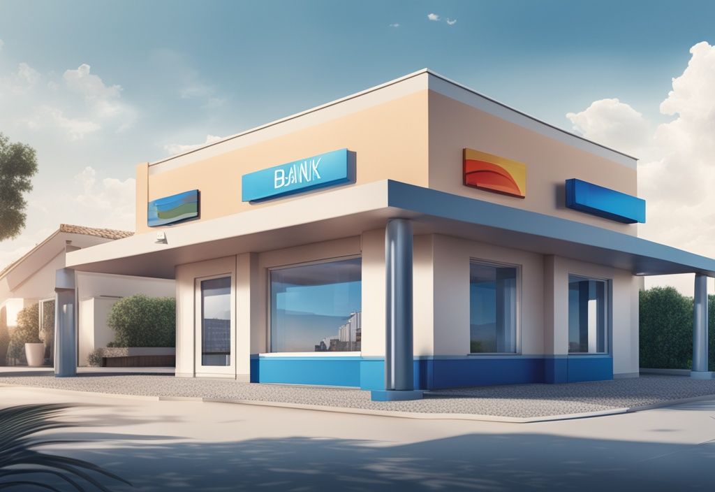 Moderne fotorealistische Illustration einer deutschen Bank, die Immobilien in Spanien finanziert, mit einem verkauften spanischen Grundstück im Hintergrund