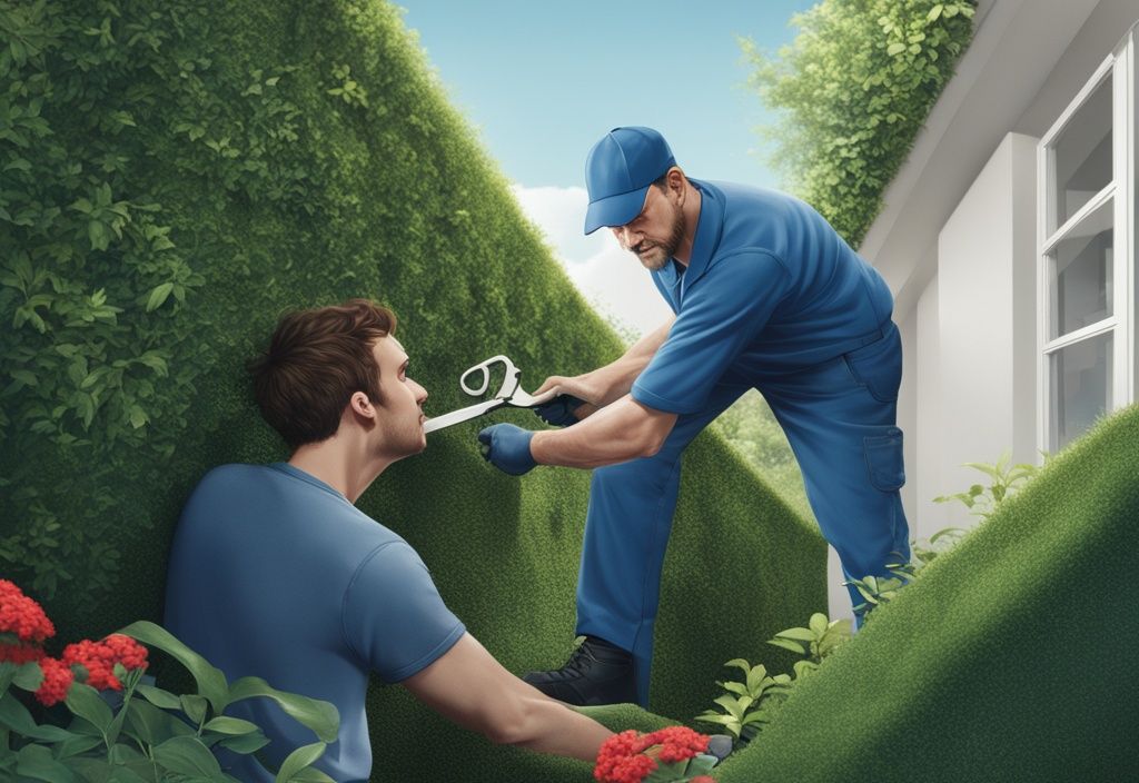 Person verhandelt Kosten fürs Hecke schneiden mit professionellem Gärtner beim Trimmen einer überwucherten Hecke, moderne fotorealistische Illustration in Blau.