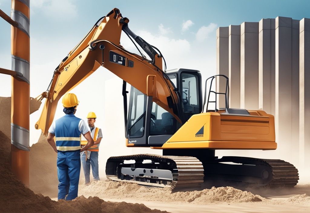 Moderne fotorealistische Illustration einer Baustelle mit einem Bagger in Aktion, während der Bauleiter Mietunterlagen überprüft, Hauptfarbthema Blau, wie teuer ist es einen Bagger zu leihen.