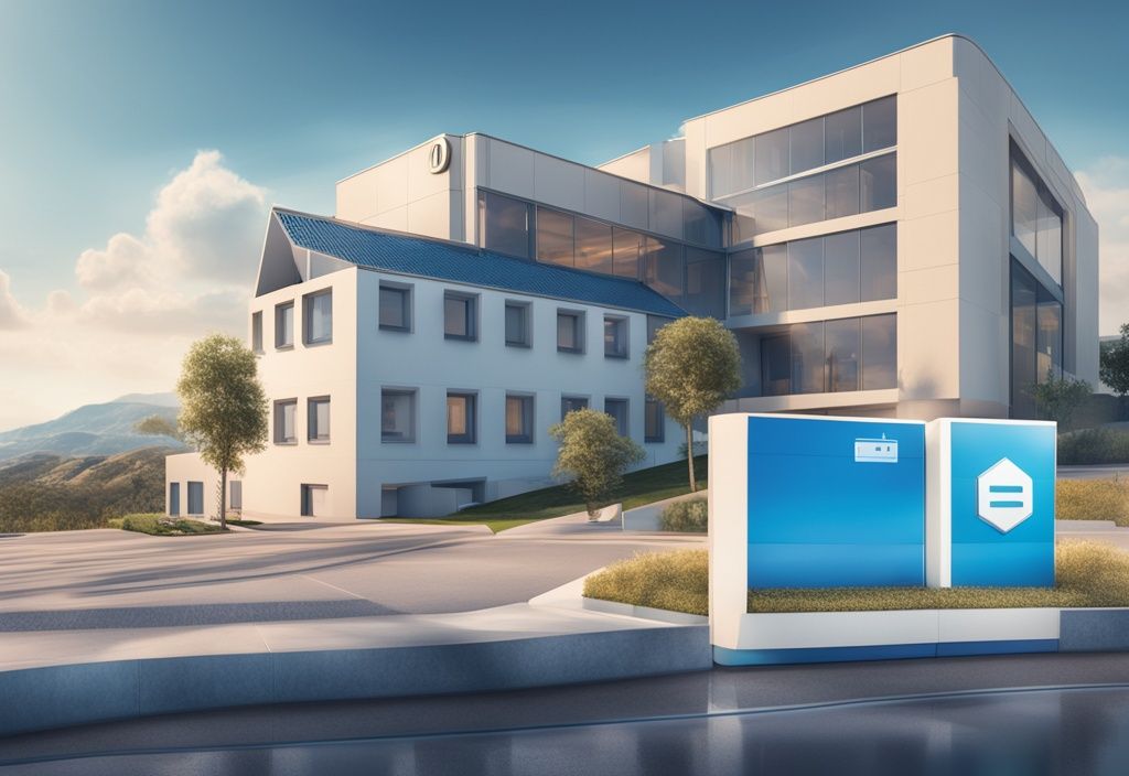 Moderne fotorealistische Illustration einer deutschen Bank, die Immobilien in Spanien finanziert, mit blauem Farbschema und verkaufter spanischer Immobilie im Hintergrund.