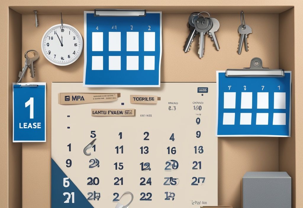 Moderne fotorealistische Illustration in Blau: Kalender mit markiertem Mietvertragsende, teilweise gepackter Karton und Wohnungsschlüssel auf einem Tisch, Kündigungsfrist für Wohnungen.