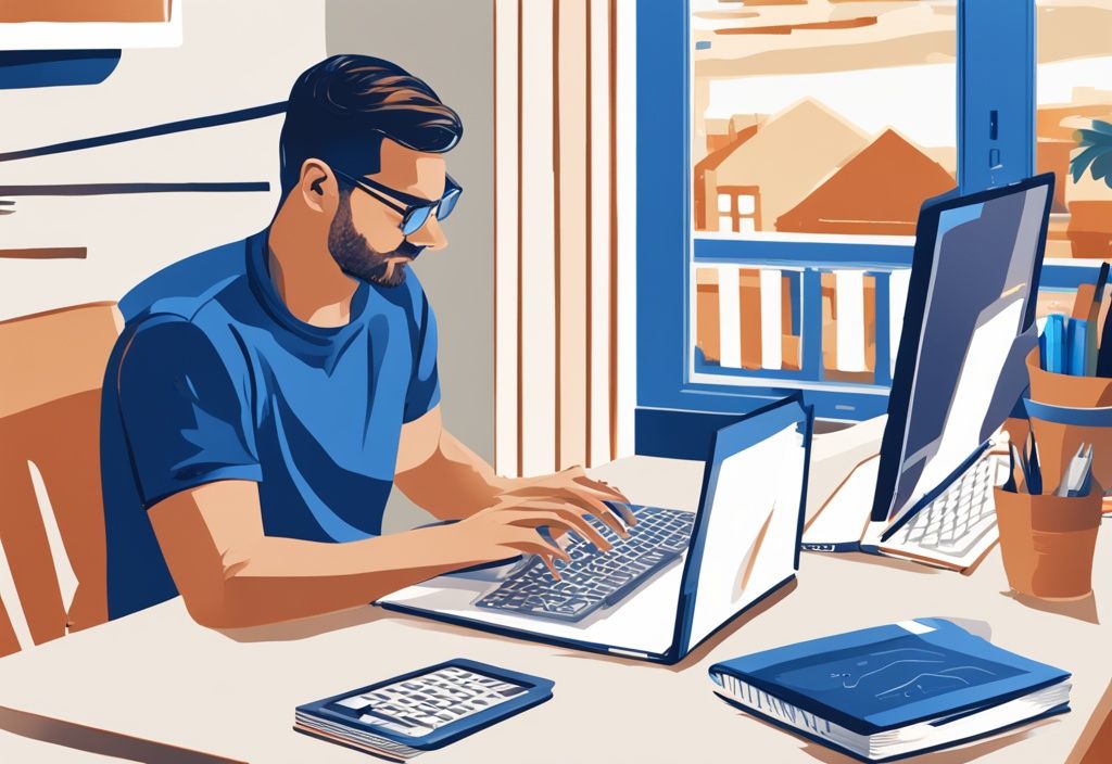 Fotorealistische Illustration in Blau: Person sitzt am Computer und navigiert auf einer Website mit verschiedenen Immobilien, Buch "DIY Real Estate" auf dem Tisch, Immobilien vermitteln ohne Maklerschein.