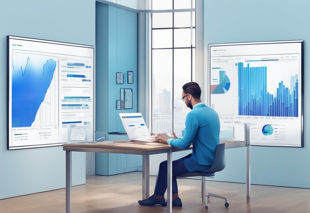 Moderne fotorealistische Illustration eines selbstbewussten Individuums, das Immobilienangebote und Finanzdiagramme auf einem digitalen Tisch analysiert, was die Recherche zeigt, wie investiert man in Immobilien.