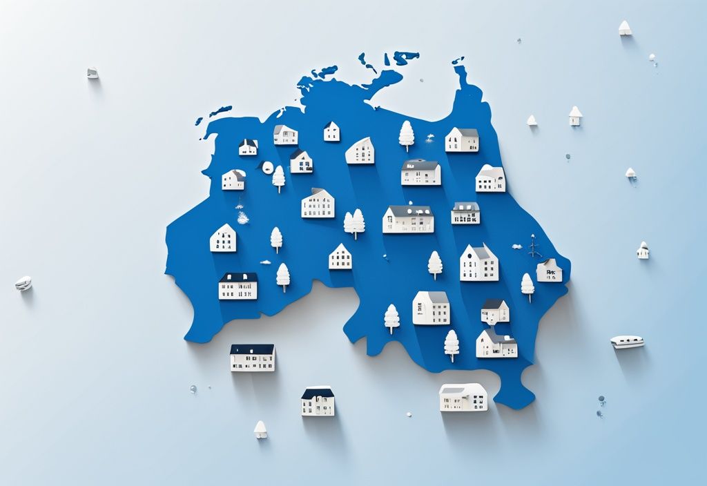 Moderne fotorealistische Illustration einer Deutschlandkarte mit blauen Icons von Häusern, Eigentumswohnungen und Apartments, die die Anzahl der Immobilien im Land symbolisieren.