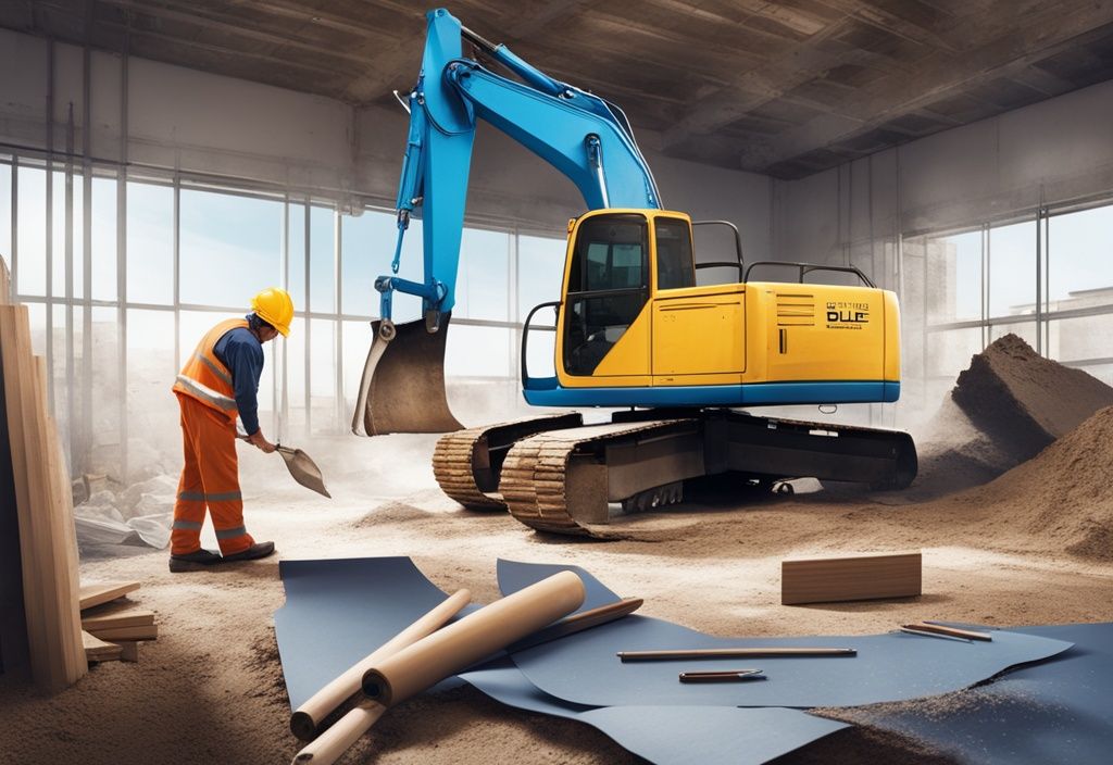 Moderne fotorealistische Illustration einer Baustelle mit einem Bagger in Aktion und einem Bauleiter, der Mietunterlagen prüft, Hauptfarbthema Blau, wie teuer ist es einen Bagger zu leihen.