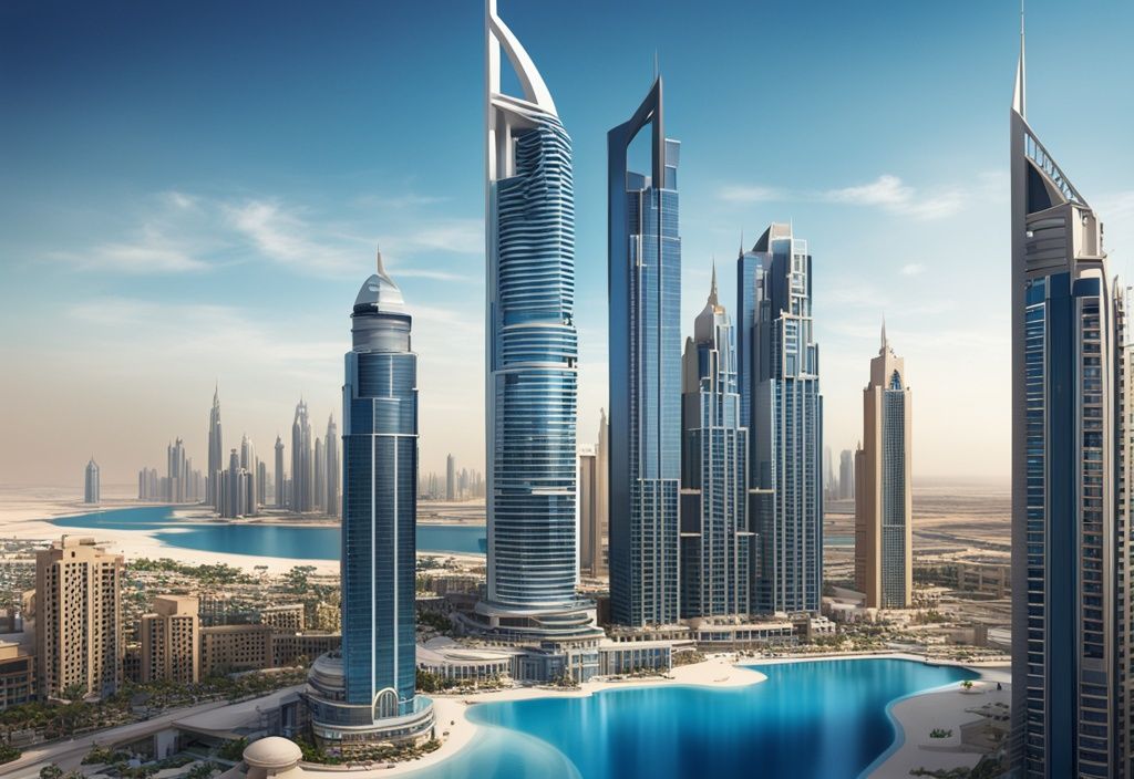 Skyline von Dubai mit modernen Wolkenkratzern, luxuriösen Villen und modernen Eigentumswohnungen, Hauptfarbthema Blau