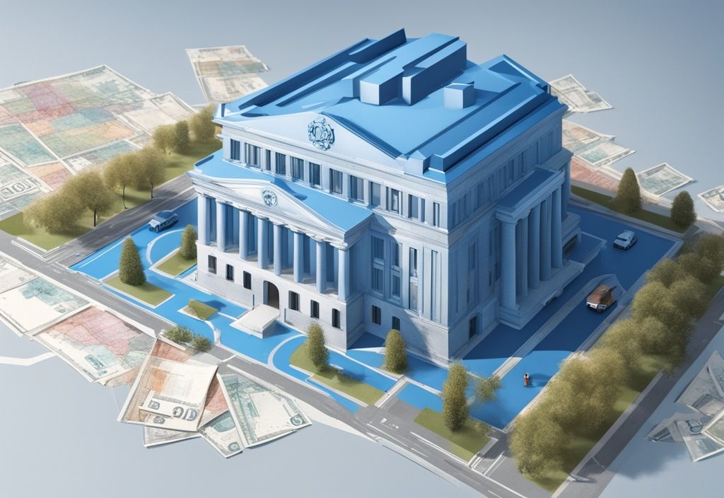 Moderne fotorealistische Illustration einer deutschen Bank mit Weltkarte und Immobilien in verschiedenen Ländern, internationale Finanzierung, Hauptfarbe Blau