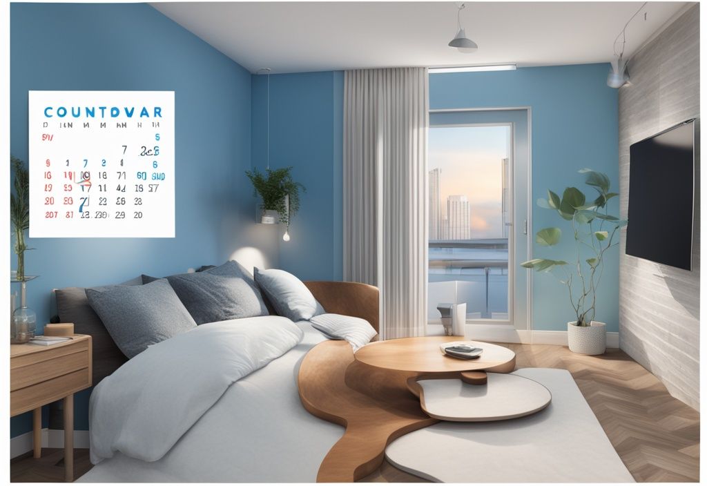 Moderne fotorealistische Illustration mit blauem Farbschema, Kalender mit 3-monatigem Countdown, glückliche Person hält Wohnungsschlüssel, neue Wohnung gefunden aber 3 Monate Kündigungsfrist.