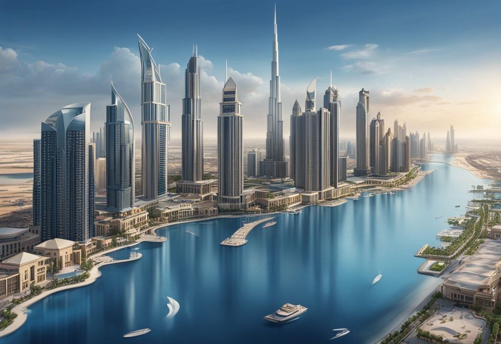 Panoramablick auf Dubais Skyline mit luxuriösen Wolkenkratzern, Villen und Wassergrundstücken - Immobilien in Dubai kaufen.