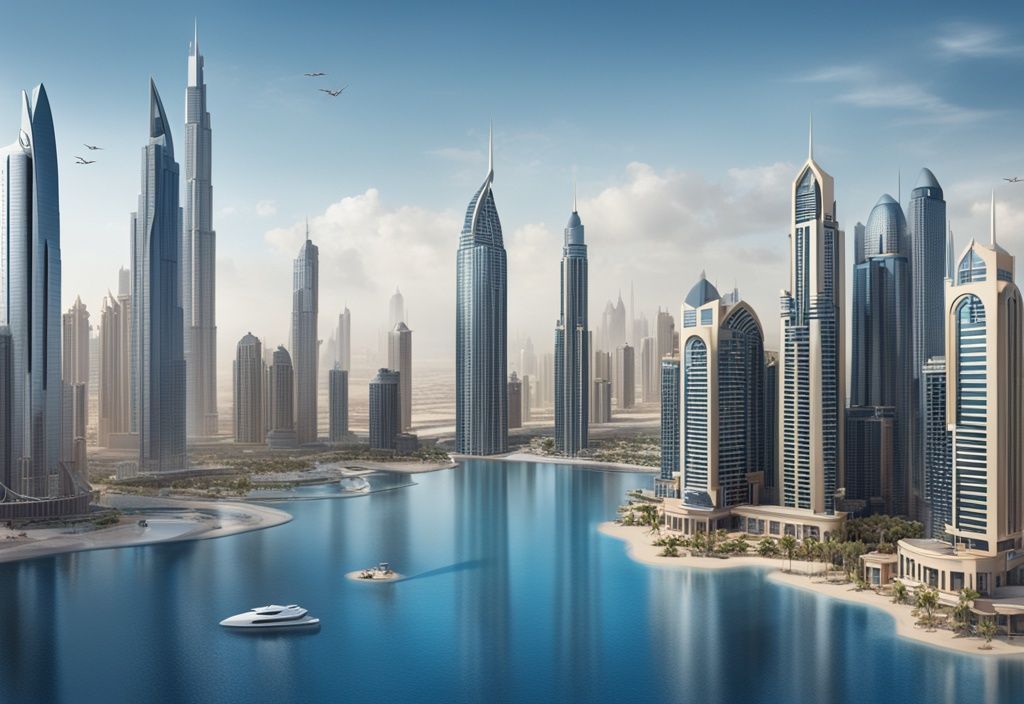 Panoramablick auf die Skyline von Dubai mit prächtigen Wolkenkratzern, luxuriösen Villen und atemberaubenden Wasserimmobilien – Immobilien in Dubai kaufen.