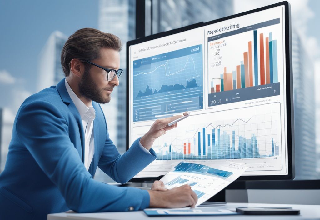 Moderne fotorealistische Illustration eines selbstbewussten Individuums, das Immobilienangebote und Finanzgrafiken auf einem digitalen Tisch analysiert, symbolisiert die Forschung, wie investiert man in Immobilien.