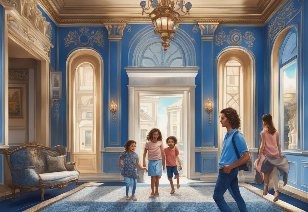 Moderne fotorealistische Illustration einer Familie, die die architektonische Pracht und den historischen Reichtum des opulenten Massa-Hauses erkundet; Hauptfarbthema Blau.